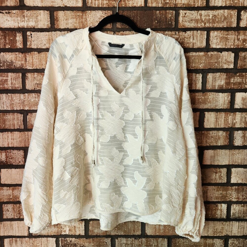 ZARA Cream Boho Floral Burnout Tie Front Shirt Size L